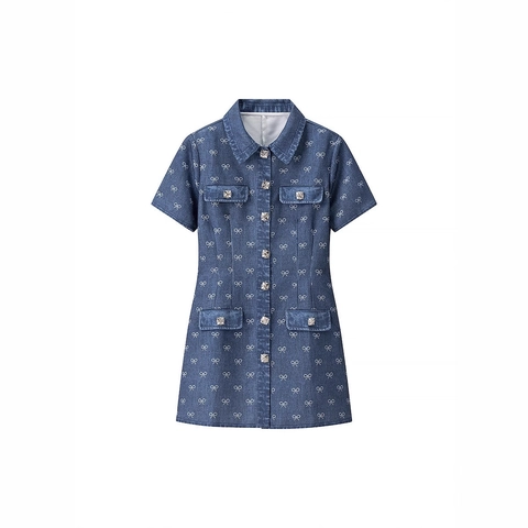 Abito Mini in Denim da Donna Con Stampa a Fiocco Manica Corta Revers Monopetto Con Bottoni in Strass Blu Scuro Stile Casual