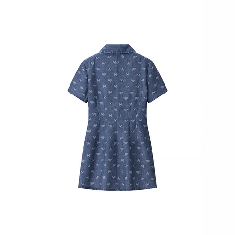 Abito Mini in Denim da Donna Con Stampa a Fiocco Manica Corta Revers Monopetto Con Bottoni in Strass Blu Scuro Stile Casual