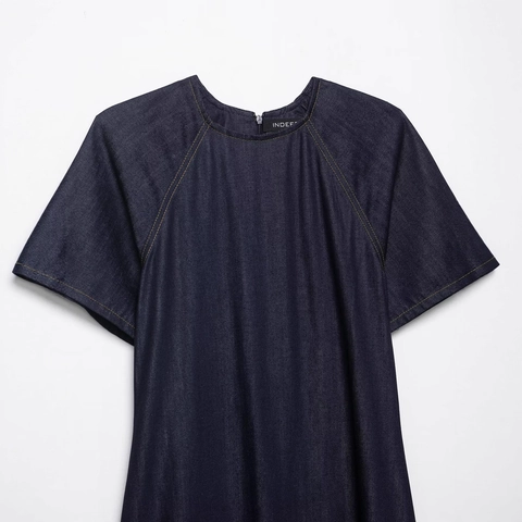 Abito Lungo Denim Blu Profondo Casual da Donna Con Maniche Raglan Girocollo Cuciture a Contrasto Cerniera Posteriore Streetwear
