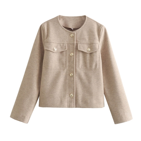 Giacca Corta Elegante Look Tweed Donna Girocollo Bottoni Dorati Manica Lunga Cappotto Poliestere per Ufficio Quotidiano Casual
