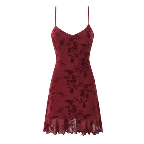 Vestito a Spalline Rétro Francese Rosso Vino Floccato in Rete Scollo a V Orlo con Volant Mini Abito da Vacanza Donna