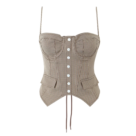 Vintage Houndstooth Lace Up Corset Top For Women Coffee Irregular Hem Slim Fit Adjustable Strap Camisole Crop Top