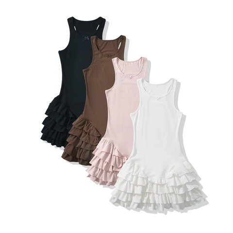 Vestito Mini da Donna Slim Fit Senza Maniche in Maglia a Costine con Fiocco e Orlo a Volant a Strati Rayon Spandex Y2K