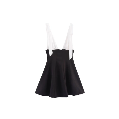 Abito Mini Sexy da Donna con Patchwork Nero e Bianco Scollo a V Profondo Con Spalline con Fiocco Chic Abito a Trapezio a Vita Alta