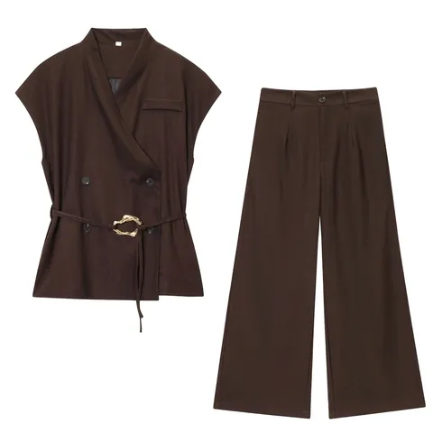 Damen Minimalist Zweireihig Ärmellos Top Und Hohe Taille Weithose Für Büro Streetwear Casual Anzug Einfarbig Kaffee