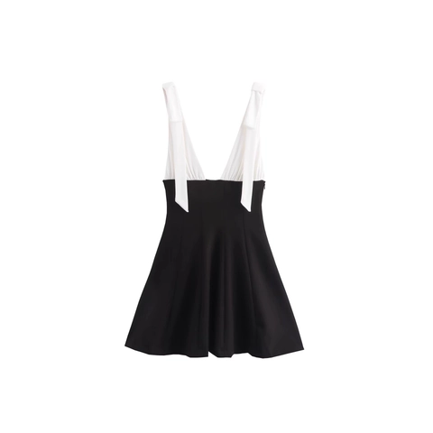 Abito Mini Sexy da Donna con Patchwork Nero e Bianco Scollo a V Profondo Con Spalline con Fiocco Chic Abito a Trapezio a Vita Alta