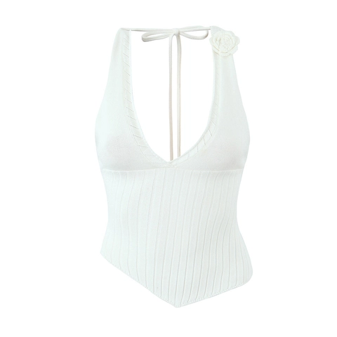 Damen Sexy Halter Strick Top Tiefer V Ausschnitt 3D Blume Dekor Gerippt Slim Fit Unregelmäßiger Saum Ärmellos Sommer Unterhemd