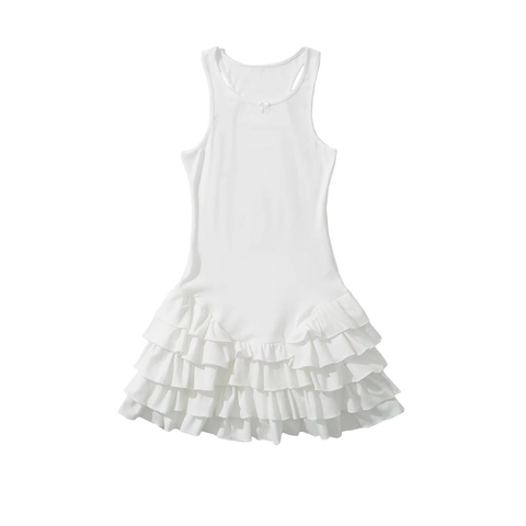 Vestido Corto Sin Mangas con Volantes Escalonados para Mujer Cuello Redondo Color Sólido Línea A para Fiesta con Lazo