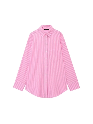 Damen Casual Rosa Und Weiß Gestreiftes Langarmhemd Mit Umlegekragen Lockere Baumwollmischung Bürobluse Oberteil