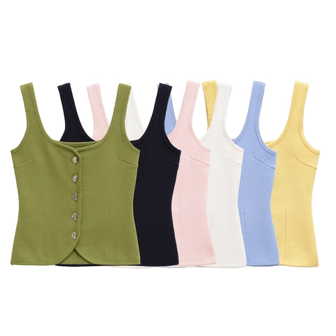Women's Casual Mercerized Cotton Knitted Vest Square Neck Sleeveless Tank Top Solid Color Slim Fit Button Down Waistcoat
