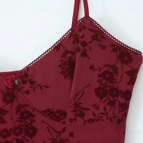 Vestito a Spalline Rétro Francese Rosso Vino Floccato in Rete Scollo a V Orlo con Volant Mini Abito da Vacanza Donna