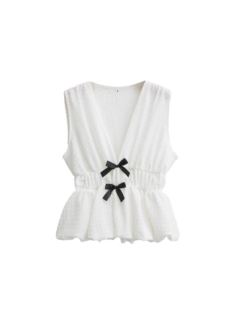 Top Peplum Sin Mangas con Cuello en V para Mujer Estilo Francés con Lazos Negros Textura Seersucker Verano Ajuste Delgado Color Sólido Casual