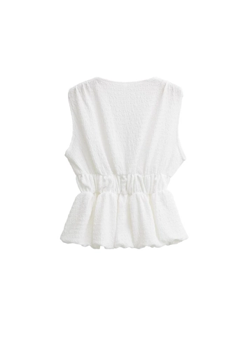 Top Peplum Sin Mangas con Cuello en V para Mujer Estilo Francés con Lazos Negros Textura Seersucker Verano Ajuste Delgado Color Sólido Casual