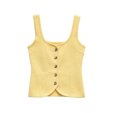 Women's Casual Mercerized Cotton Knitted Vest Square Neck Sleeveless Tank Top Solid Color Slim Fit Button Down Waistcoat