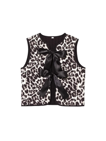 Damen Steppweste Mit Leopardenmuster Ärmellos Rundhalsausschnitt Weste Mit Schwarzen Satin-Schleifen Mode Casual Outerwear