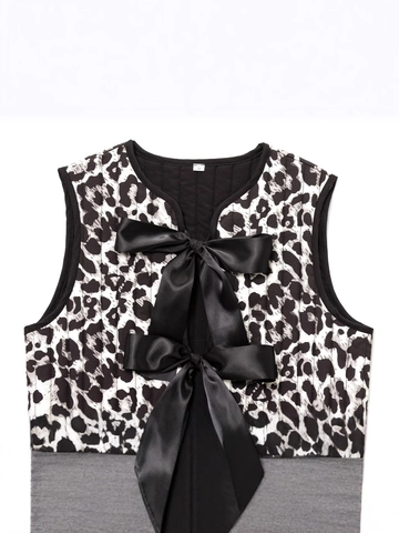 Damen Steppweste Mit Leopardenmuster Ärmellos Rundhalsausschnitt Weste Mit Schwarzen Satin-Schleifen Mode Casual Outerwear