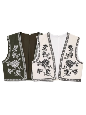 Damen Vintage Ethno Weste Mit Blumenstickerei V-Ausschnitt Ärmellos Polyester Weste Casual Offene Vorderseite Crop Top