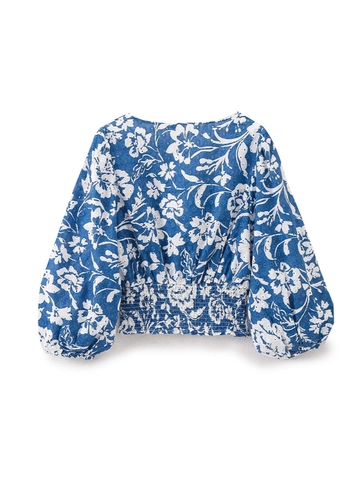 Dames V-hals Oogje Borduurwerk Bloemen Blouse Lantaarnmouw Gesmokte Taille Zomer Casual Kort Blauw Wit Top