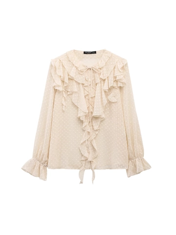 Elegante Swiss Dot Rüschen Chiffon Bluse Für Damen Französischer Stil Langarm Bindekragen Gestuftes Aprikose Top Büro