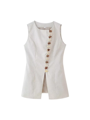 Chaleco Casual para Mujer Color Avena Cuello Redondo Sin Mangas Botonadura Asimétrica Moda de Verano Camiseta