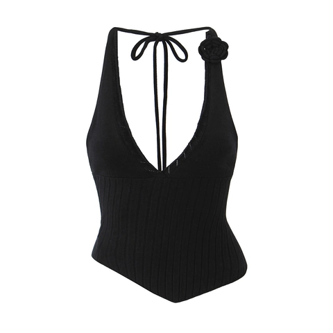 Damen Sexy Halter Strick Top Tiefer V Ausschnitt 3D Blume Dekor Gerippt Slim Fit Unregelmäßiger Saum Ärmellos Sommer Unterhemd