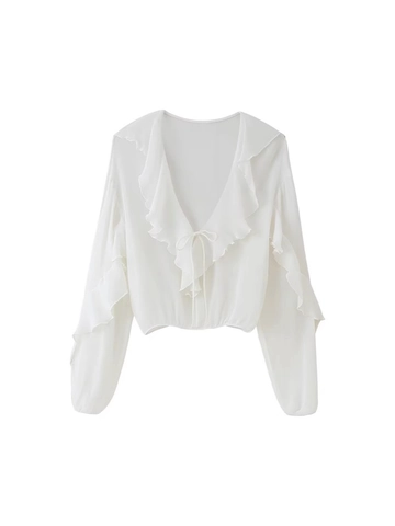 Dames Casual V-hals Ruffle Lange Mouw Blouse Slim Fit Vetersluiting Effen Wit Shirt Elegant Zomer Lente Streetwear Tops