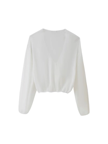 Dames Casual V-hals Ruffle Lange Mouw Blouse Slim Fit Vetersluiting Effen Wit Shirt Elegant Zomer Lente Streetwear Tops