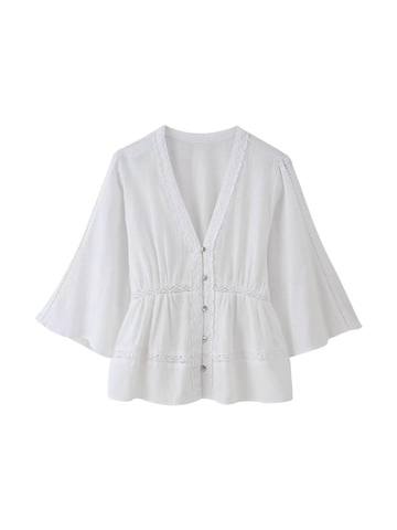 Blusa para Mujer de Estilo Francés Blanco Cuello en V con Empalme de Encaje Manga Tres Cuartos Acampanada Casual Top de Verano