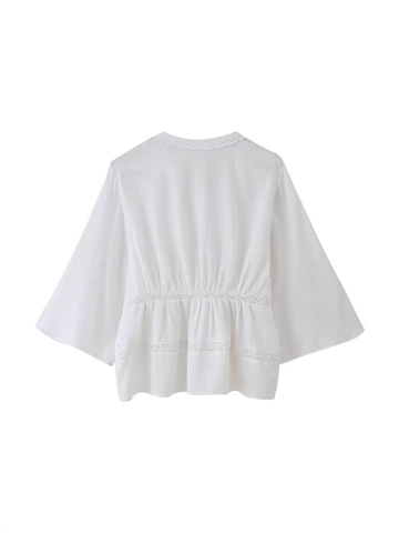 Blusa para Mujer de Estilo Francés Blanco Cuello en V con Empalme de Encaje Manga Tres Cuartos Acampanada Casual Top de Verano