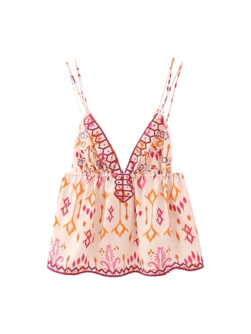Top de Tirantes Bohemio con Cuello en V para Mujer Rosa Estampado Étnico Bordado con Lentejuelas Sin Mangas Verano Playa Casual Shirt