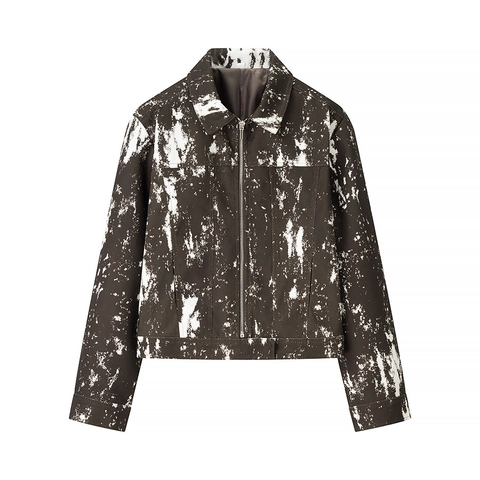 Veste Décontractée pour Femmes avec Imprimé Taches d'Encre et Pantalon Jambe Droite Taille Haute Streetwear Marron Blanc