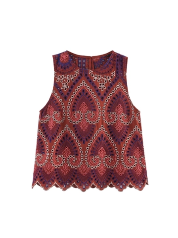 Dames Boho Baksteenrood Mouwloos Topje met Gatborduursel Ronde Hals Schulpzoom Katoenmix Etnisch Zomervest