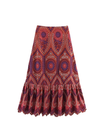 Bohemian High Waist Embroidered Skirt Cotton Blend Eyelet Hollow Out Ruffle Hem Rust Red Midi Skirt For Women