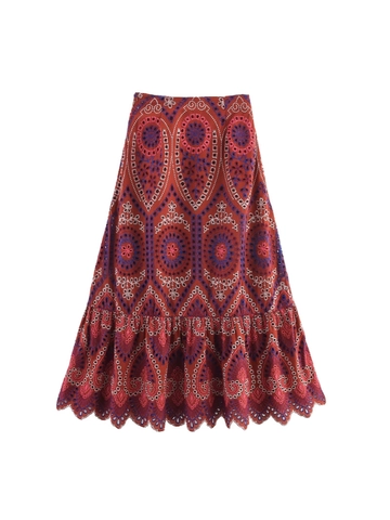 Bohemian High Waist Embroidered Skirt Cotton Blend Eyelet Hollow Out Ruffle Hem Rust Red Midi Skirt For Women