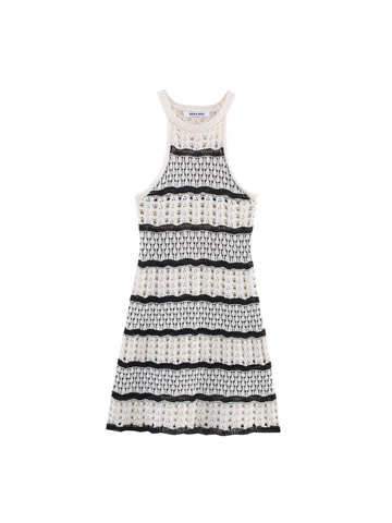 Franse Stijl Dames Gebreide Mini Jurk Halternek Zwart Wit Gestreept Opengewerkt Mouwloos Slim Fit Zomer Strand Jurk