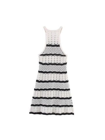 Franse Stijl Dames Gebreide Mini Jurk Halternek Zwart Wit Gestreept Opengewerkt Mouwloos Slim Fit Zomer Strand Jurk