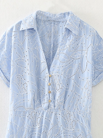 Robe Midi en Coton Bleu Clair pour Femmes Broderie Anglaise Manches Courtes Col Chemise Jupe Gâteau Étages Robe Été