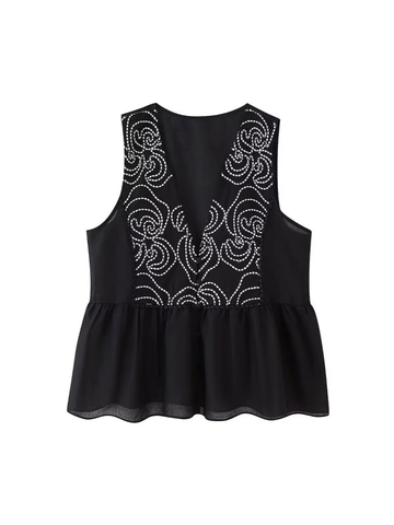 Blusa de Mujer Sin Mangas con Cuello en V y Peplo Moda Bordado Dobladillo de Volantes Verano Streetwear Casual Color Sólido