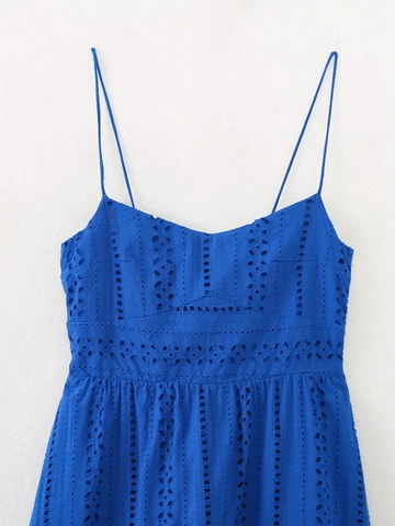 Vestito Lungo da Donna Blu Ricamato a Occhielli con Spalline Orlo a Festoncini Punto Smock Elegante Senza Maniche