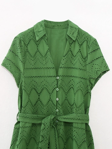 Women French Style Hollow Embroidery Short Sleeve Shirt Dress With Belt Summer Cotton Green Midi Ruffle Hem Tiered Dress