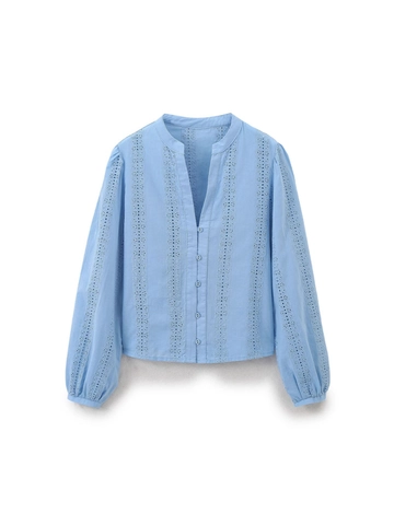 Camisa de Mujer con Cuello en V y Bordado de Ojetes Manga Larga Mezcla de Algodón Blusa Calada Manga Linterna Top Casual de Verano
