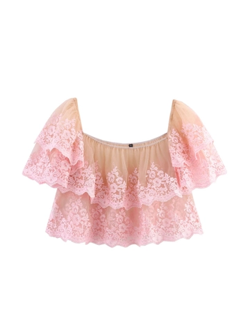Top Donna Corto Rosa in Pizzo e Mesh Scollo a Barca Stratificato con Volant e Ricami Floreali Camicetta Pullover per Feste