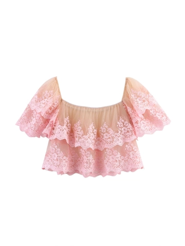 Top Donna Corto Rosa in Pizzo e Mesh Scollo a Barca Stratificato con Volant e Ricami Floreali Camicetta Pullover per Feste