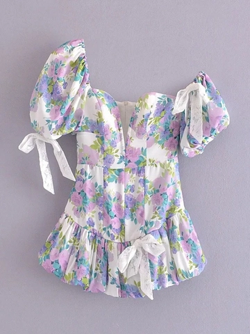 Franse Vintage Bloemen Pofmouw Mini Jurk Vrouwen Sexy Off Shoulder Strik Kant Rugloos Zomer Korte Mouw Ruches Jurk