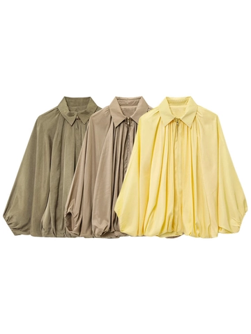 Chaqueta Bomber Plisada para Mujer Solapa Holgada Mangas de Globo Cremallera Abrigo de Exterior Ligero Textura Satinada para Calle Casual