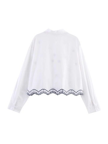 Camicia in Popeline con Ricamo Floreale Moda Donna Revers Manica Lunga Monopetto Bianca Bordo Smerlato Top Corto