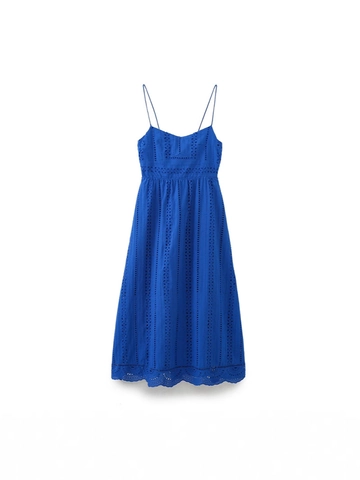 Vestito Lungo da Donna Blu Ricamato a Occhielli con Spalline Orlo a Festoncini Punto Smock Elegante Senza Maniche