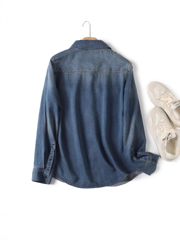 Chemise en Denim Vintage Manches Longues Femme 100% Tencel Col Revers Coupe Décontractée Bleu Délavé Chemisier Casual