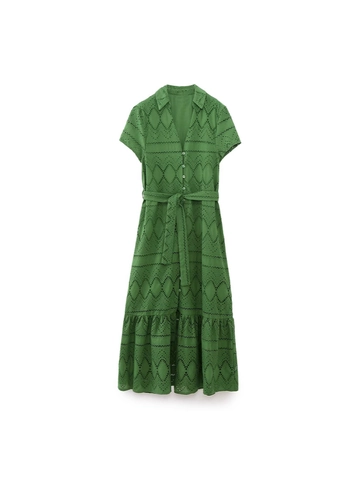 Women French Style Hollow Embroidery Short Sleeve Shirt Dress With Belt Summer Cotton Green Midi Ruffle Hem Tiered Dress