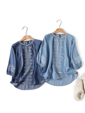 Blusa in Denim Tencel Ricamata da Donna Vintage Manica a Tre Quarti Top Pullover Ampio Camicie Casual Etniche Boeme